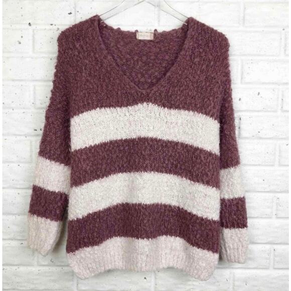 Dreamers Striped Fuzzy Pullover Sweater, Plum & Ivory Soft Cozy Knit V-Neck S/M - Picture 5 of 5